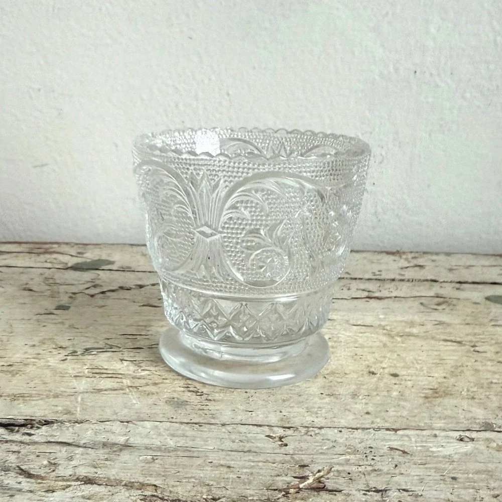 Vintage EAPG Clear Pressed Glass Spooner Floral Scroll Scalloped Rim